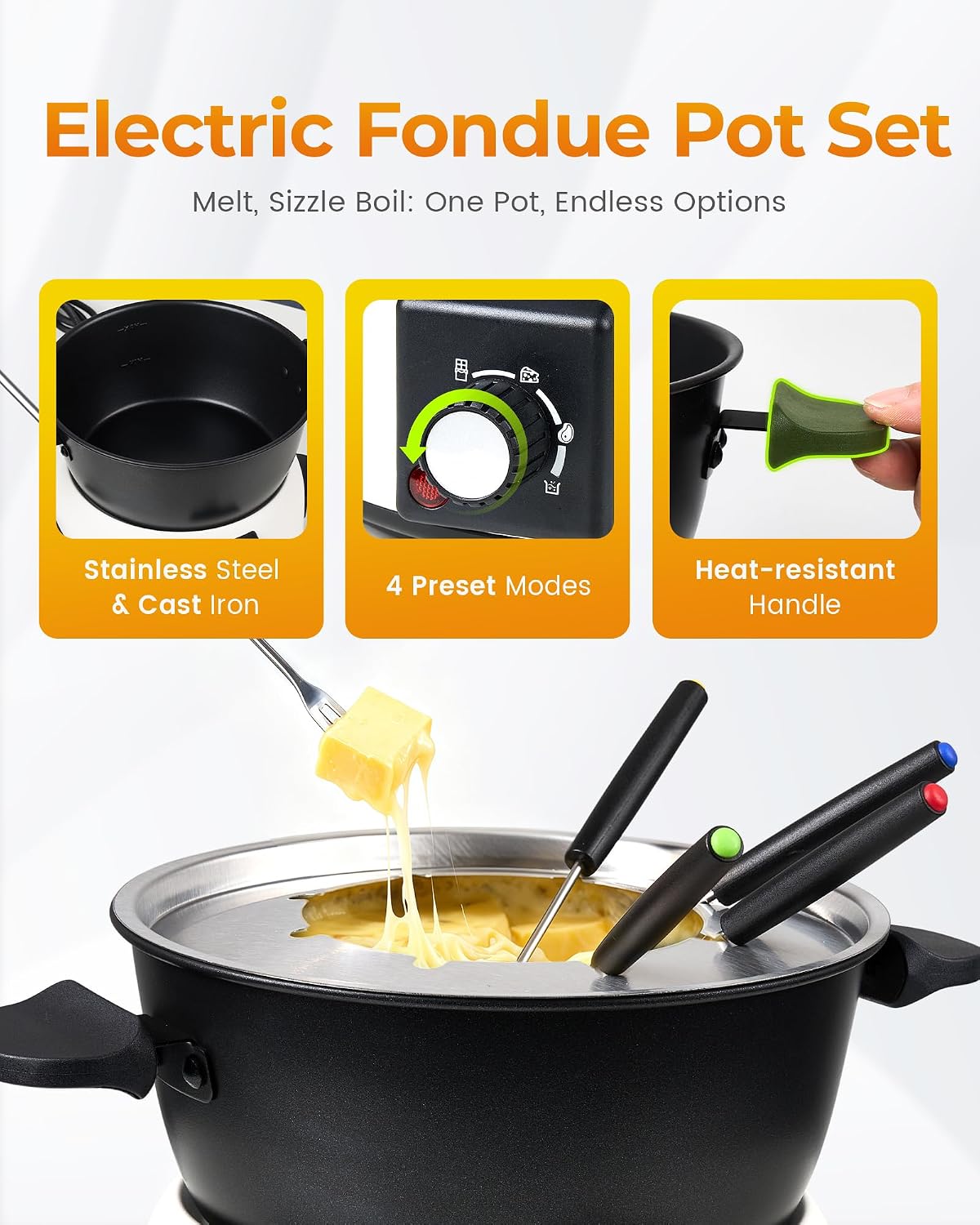 3-Quart Electric Fondue Pot Set – Stainless Steel Fondue Pot with 8 Color-Coded Forks, 3-Mode Adjustable Temperature Control for Cheese, Chocolate, Oil, and Hotpot, Model FD-10B