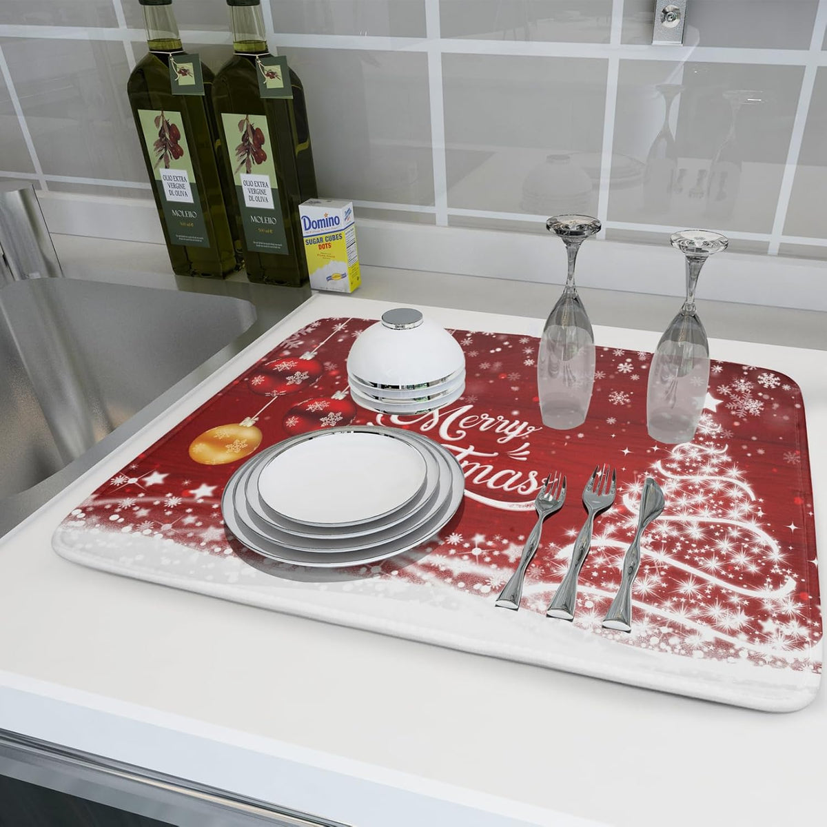 Merry Christmas Dish Drying Mat for Kitchen Counter Winter Snowflake Pine Fast Absorbent Red Drying Mat 16x18 Inch Xmas Jingle Bells Decoration Dishes Pad Dish Drainer Rack Mats Holiday Decor