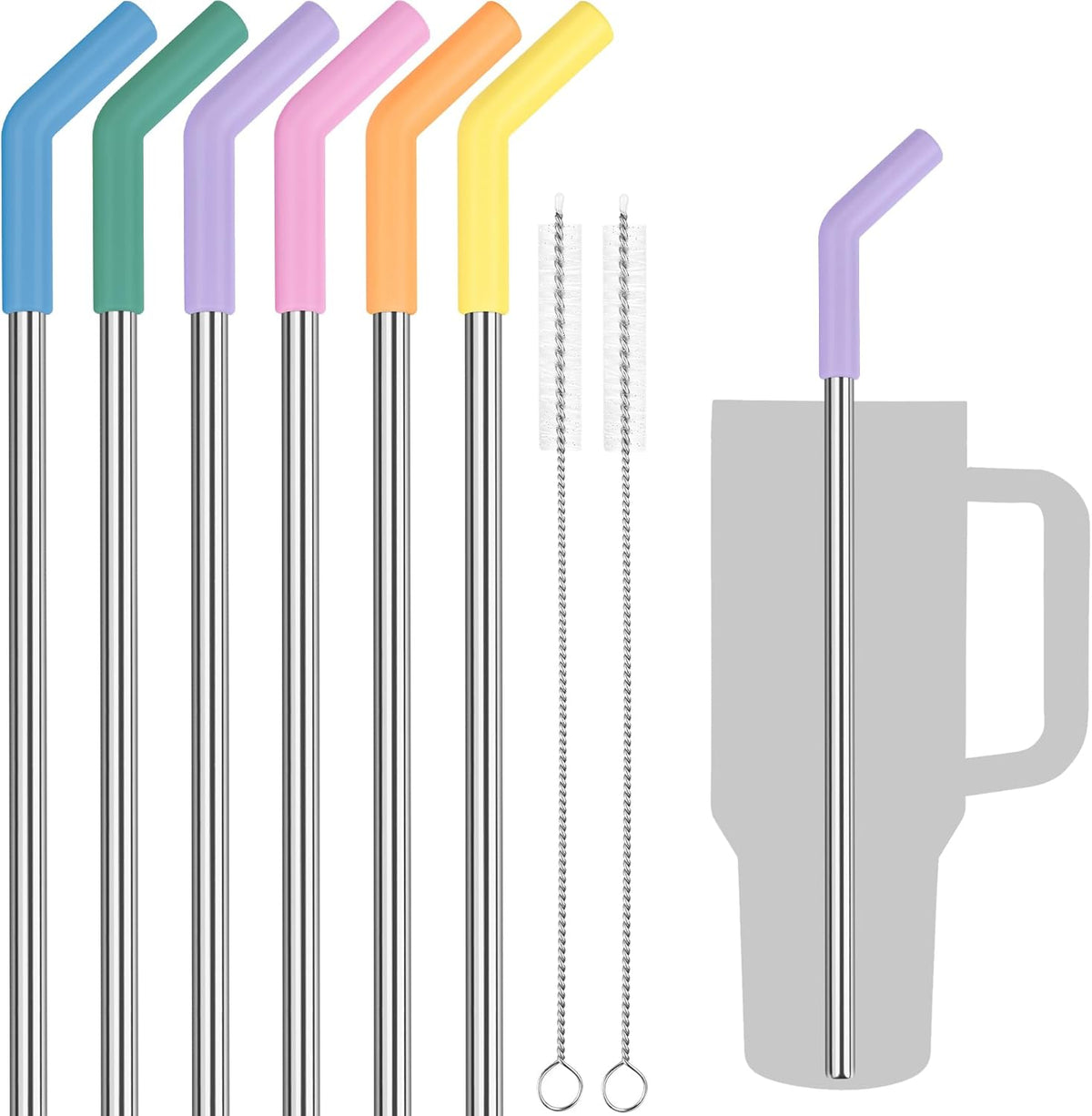 Tomorotec 6PCS Silicone Tip Stainless Steel Straws for 40oz Stanley Tumblers with 2 Cleaning Brushes, 13" Long BPA-Free Healthy & Safe for Outdoor & Home Use, Enhances Drink Enjoyment (Macaron Colors)