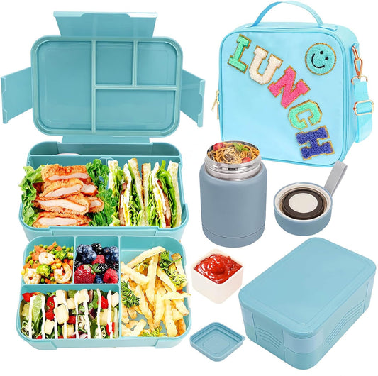 Kids Lunch Bag with 10oz Thermos, with 6 Compartment Bento Box, Blue Nylon Insulated Preppy Lunch Box Adjustable Strap