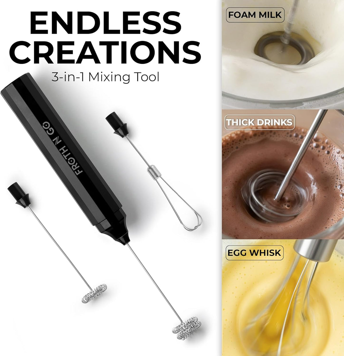 Zulay Rechargeable Milk Frother – 3-in-1 Handheld Frother Wand with Travel Case &amp; USB-C Charger – Single, Double &amp; Egg Whisk for Latte, Cappuccino, Matcha, Protein Shakes - Froth N Go Deep Black