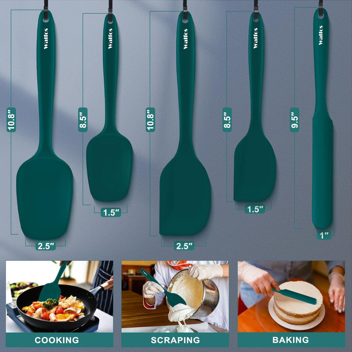 Walfos Silicone Spatula Set of 5 - (600°F) High Heat Resistant Dark Green Kitchen Scraper Spatulas, One-Pieces Seamless Design, Perfect for Cooking Mixing &amp; Baking - BPA Free and Dishwasher Safe