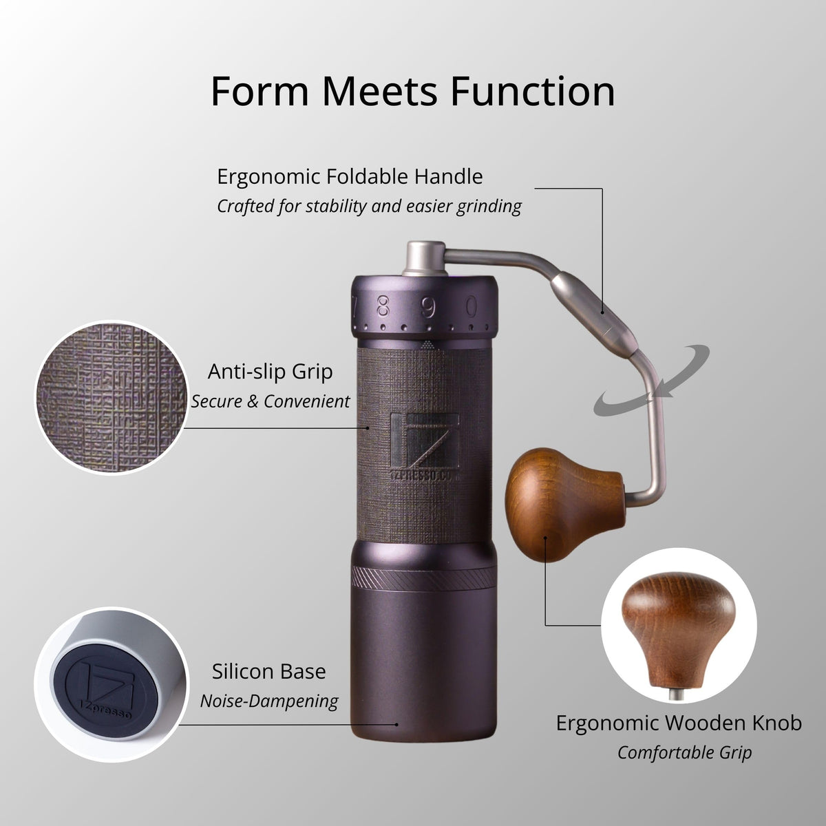 1Zpresso J-Ultra Manual Coffee Grinder Iron Gray, Conical Burr, Foldable Handle, Magnet Catch Cup Capacity 40g, Numerica