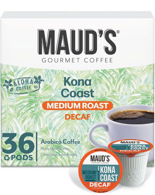 Maud's Decaf Kona Coffee Pods, 36 ct, Decaffeinated Medium Roast Coffee in Recyclable Single Serve Pods – 100% Arabica