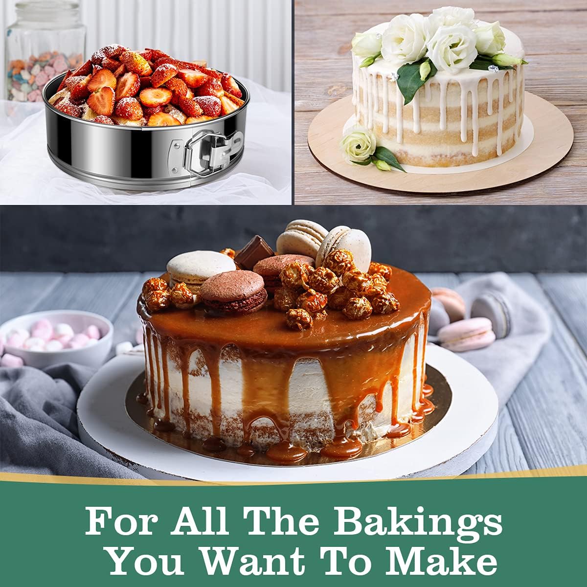 Springform Pan, Stainless Steel Springform Cake Pan, Leakproof &amp; Nonstick Cheesecake Pan, 4" 7" 9" Round Cake Molds with 50 Pcs Paper Liners and 7 Pcs Piping Tips