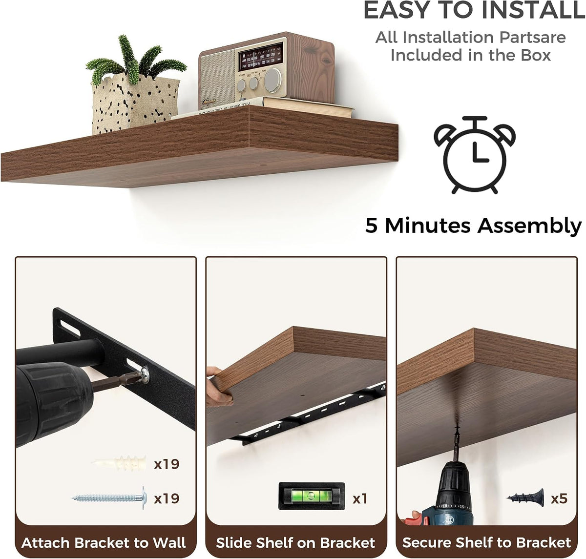 36 Inch Floating Shelves for Wall, 9"D Wood Storage Shelves, Walnut Finish