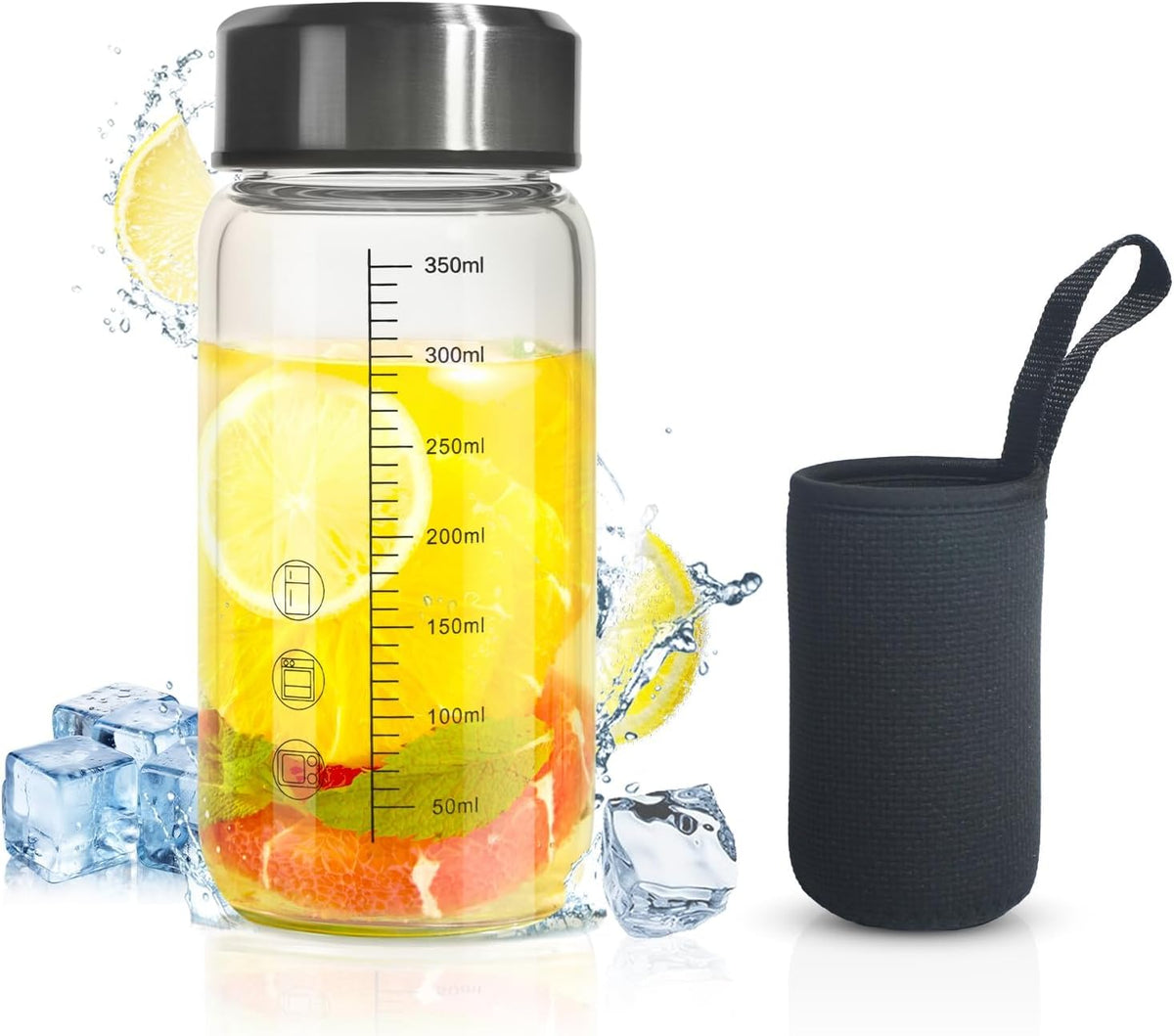 12Oz Small Glass Water Bottle with Lid and Sleeve,0.15in/3.8mm Thick Shaker Bottles for Protein Mixes,Juicing,Smoothies, Infused Water,Beverage,Reusable Small Glass Bottle