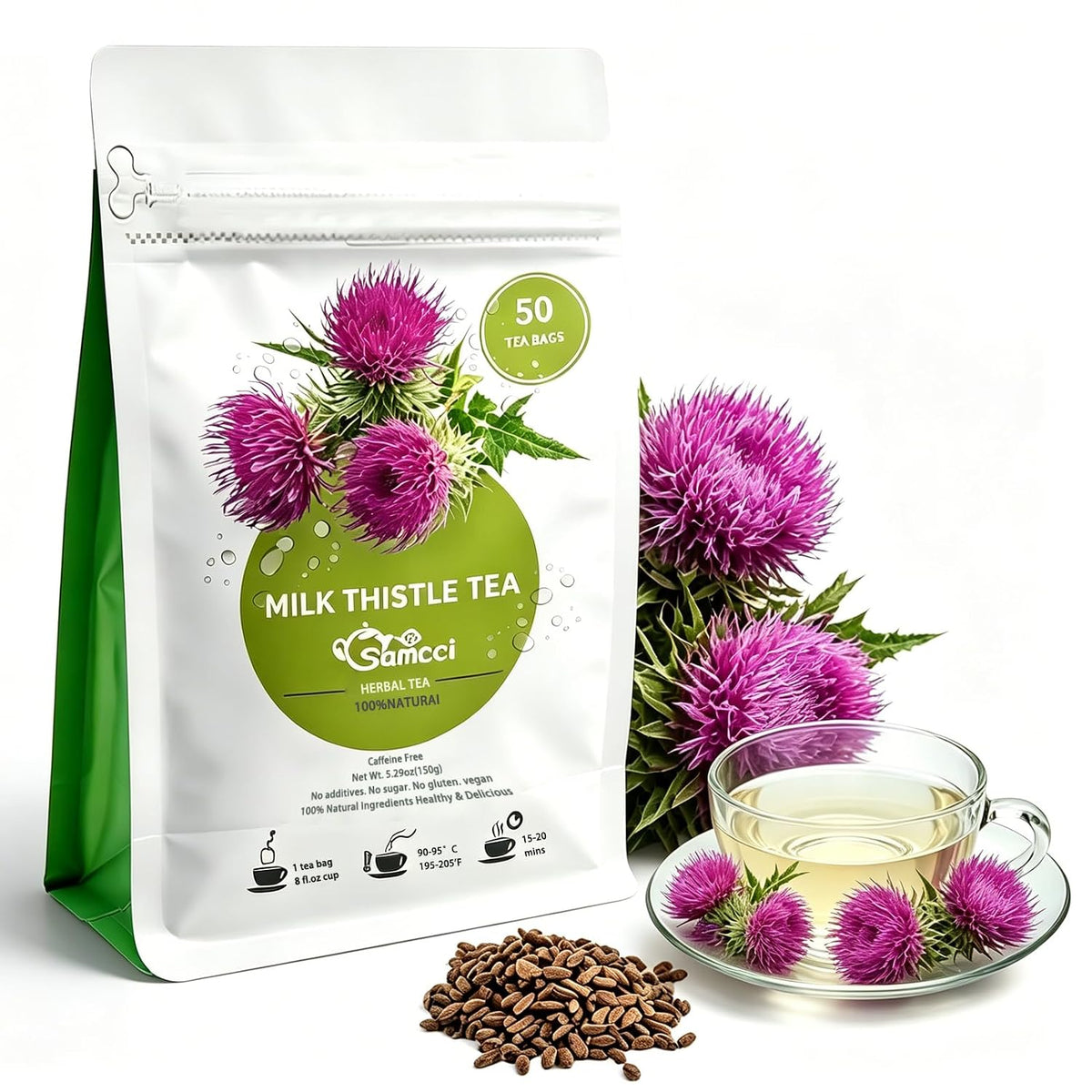 Samcci Milk Thistle Tea Bags, 50 Count, 3g/bag, Te De Cardo Mariano | 100% Natural Milk Thistle Seeds Support Liver Herbal Tea, Caffeine Free, No Additives, No Sugar, Non-GMO, No Gluten