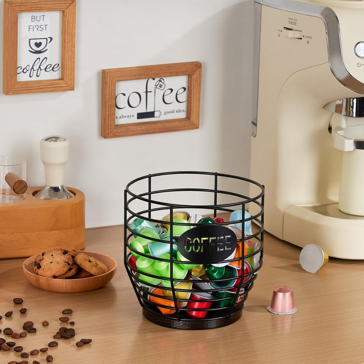 Yangbaga Large Coffee Pod Holder: Black Wire K-Cup Holder with Wood Base | 3L Large Capacity-Stainless Steel Basket Bar Decor-Multi-Purpose Storage-Easy Clean- Fit for Coffee Bar/Pod/Capsule/Station