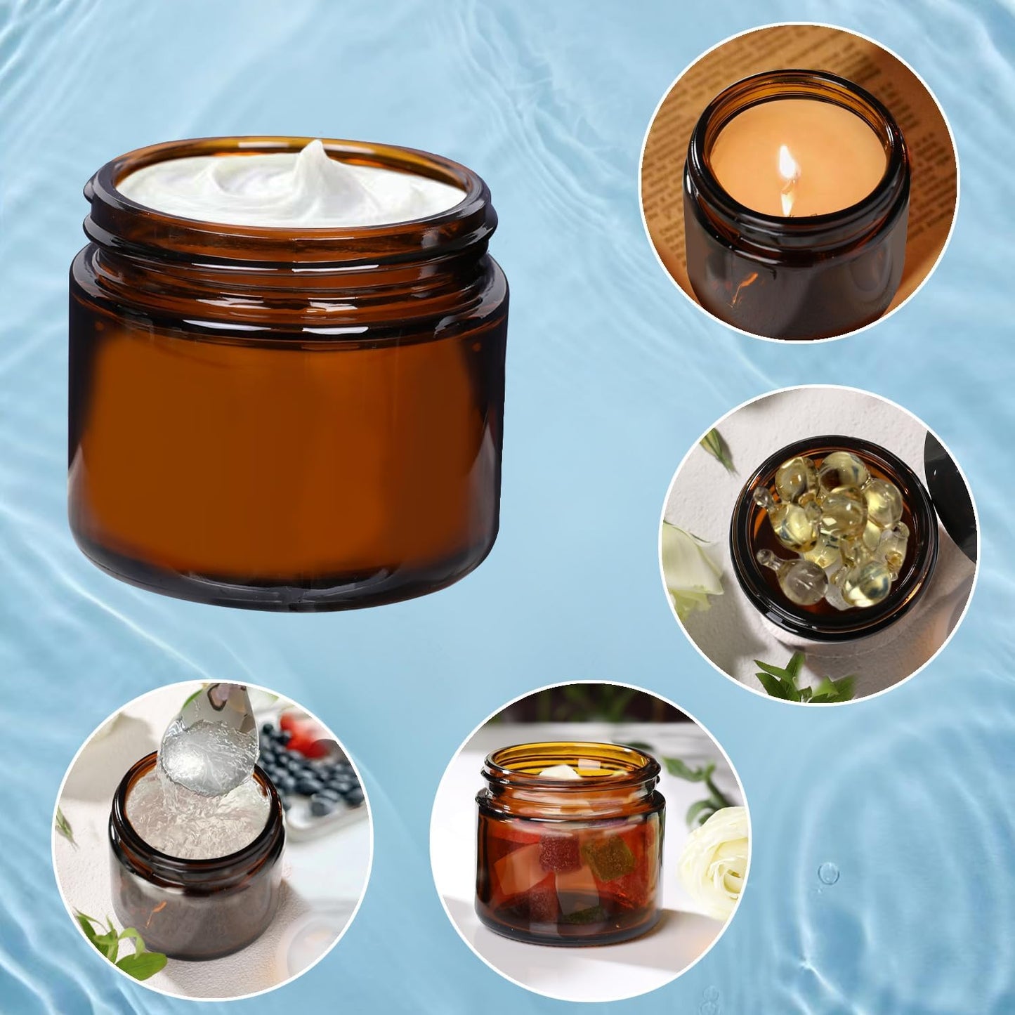 2oz Glass Cosmetic Jars With Lids 3pcs Small Makeup Containers(2 OZ, Amber)