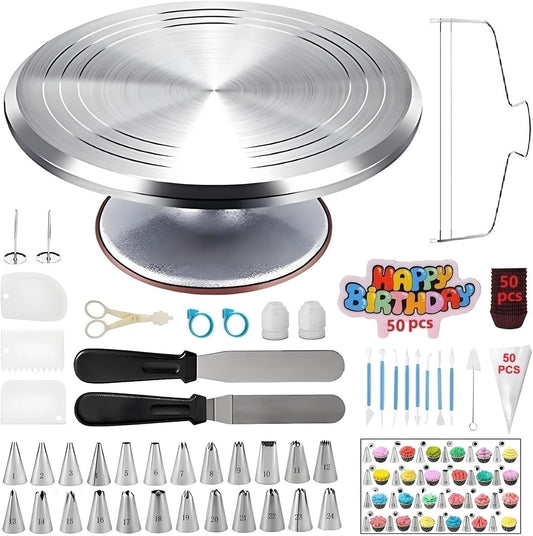 198 Pcs Cake Decorating Kit with Aluminium Alloy Cake Turntable,24 Numbered Icing Piping Tips,2 Couplers,2 Cake Spatulas,3