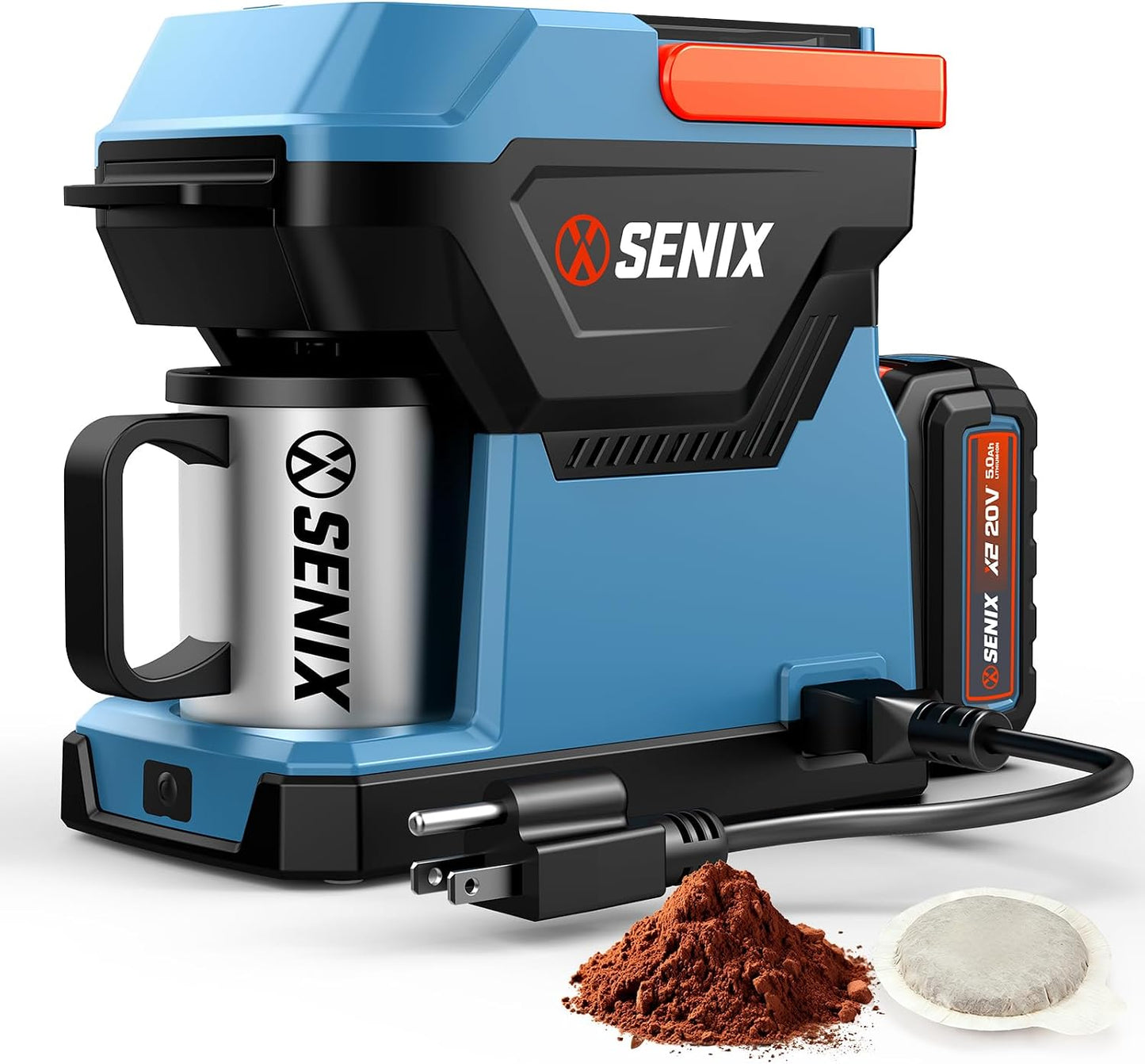 SENIX Portable Coffee Maker with 5000mAh Battery, Dual AC/DC Electric Coffee Machine for Car/RV/Camping, Cordless Outdoor Travel Brewer Compatible with Ground &amp; ESE Pods, Included Cup
