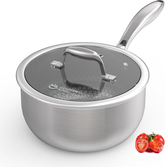 COOKER KING 3 Quart Stainless Steel Saucepan with Lid, Tri-Ply Ceramic Nonstick Pot, Metal Utensil Safe, Dishwasher & Ov