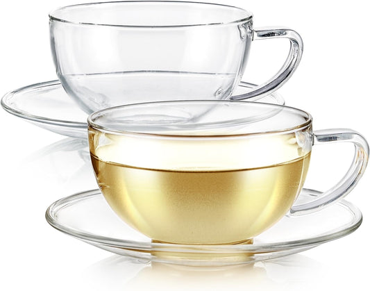 Teabloom Kyoto Teacup and Saucer Set 2-Pack – Standard Teacup Size – 6 OZ/ 180 ML Capacity – Crystal Clear Design –– Premium