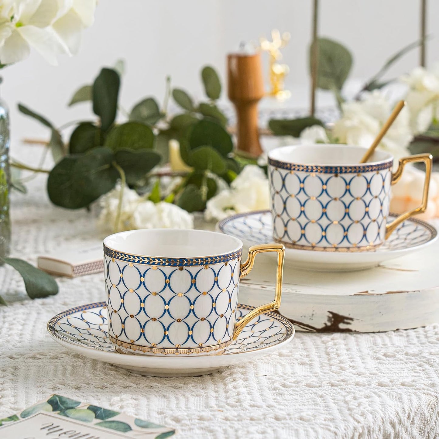 CwlwGO- Bone China Tea Cup Sets,15-Pieces Tea Cup and Saucer Set Service For 4 Whit 28 Ounces Teapot,Sugar Bowl,Creamer
