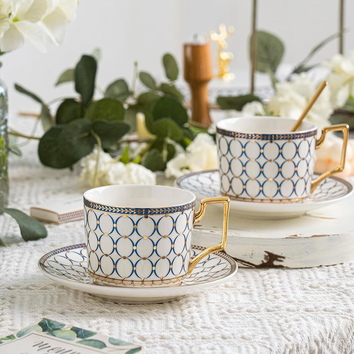 4Pcs White Gold Bone China 7oz Cup Saucer, British Coffee Tea set | Elegant Coffee &amp; Tea Set with Exquisite Gifts Box, Ideal for Women and Adults Afternoon Tea Party