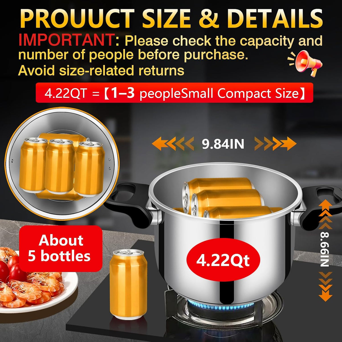 6.3 QT Pressure Cooker, 304 Stainless Steel - Explosion-Proof Lock, One Hand Operation, Fast Cooking, Dishwasher Safe & Induction Compatible, Family Size Cookware