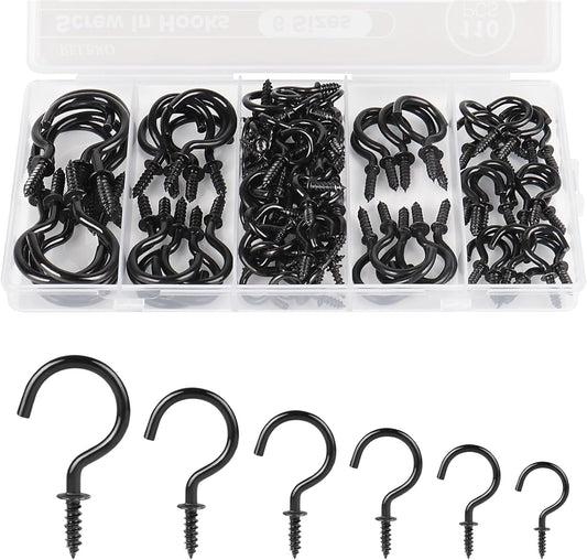 RELBRO Screw Hooks, 6 Sizes Metal Screw in Cup Hooks, 1/2 Inch, 5/8 Inch, 3/4 Inch, 7/8 Inch, 1 Inch, 1-1/4 Inch, Black, 110