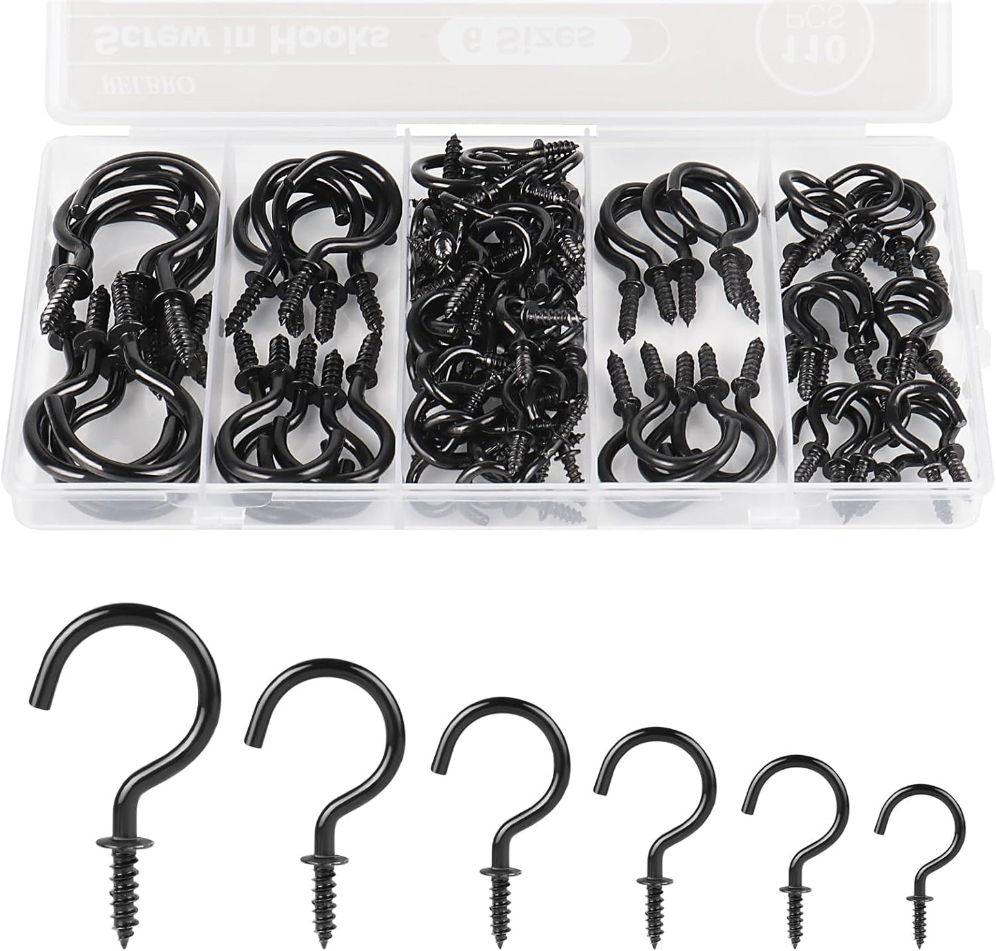 RELBRO Screw Hooks, 6 Sizes Metal Screw in Cup Hooks, Black, 110 Pcs