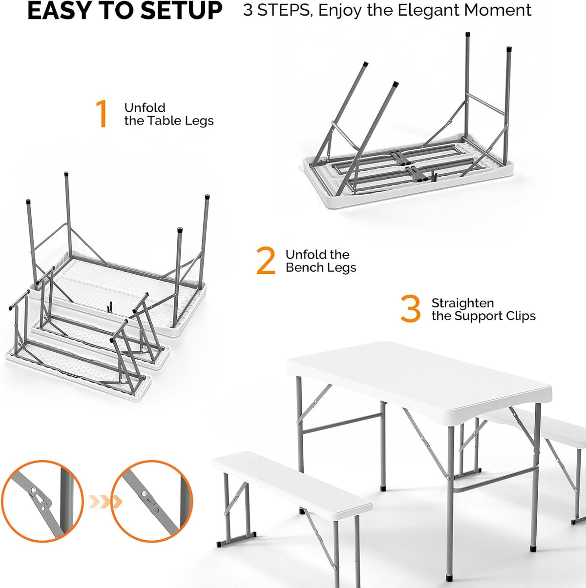 VINGLI Picnic Table Set with 2 Benches, 6 Feet Camping Table Chair Set, Heavy-Duty HDPE Material with Metal Frame, 3-Piece Folding Furniture for Indoor or Outdoor Use (3.5ft White)