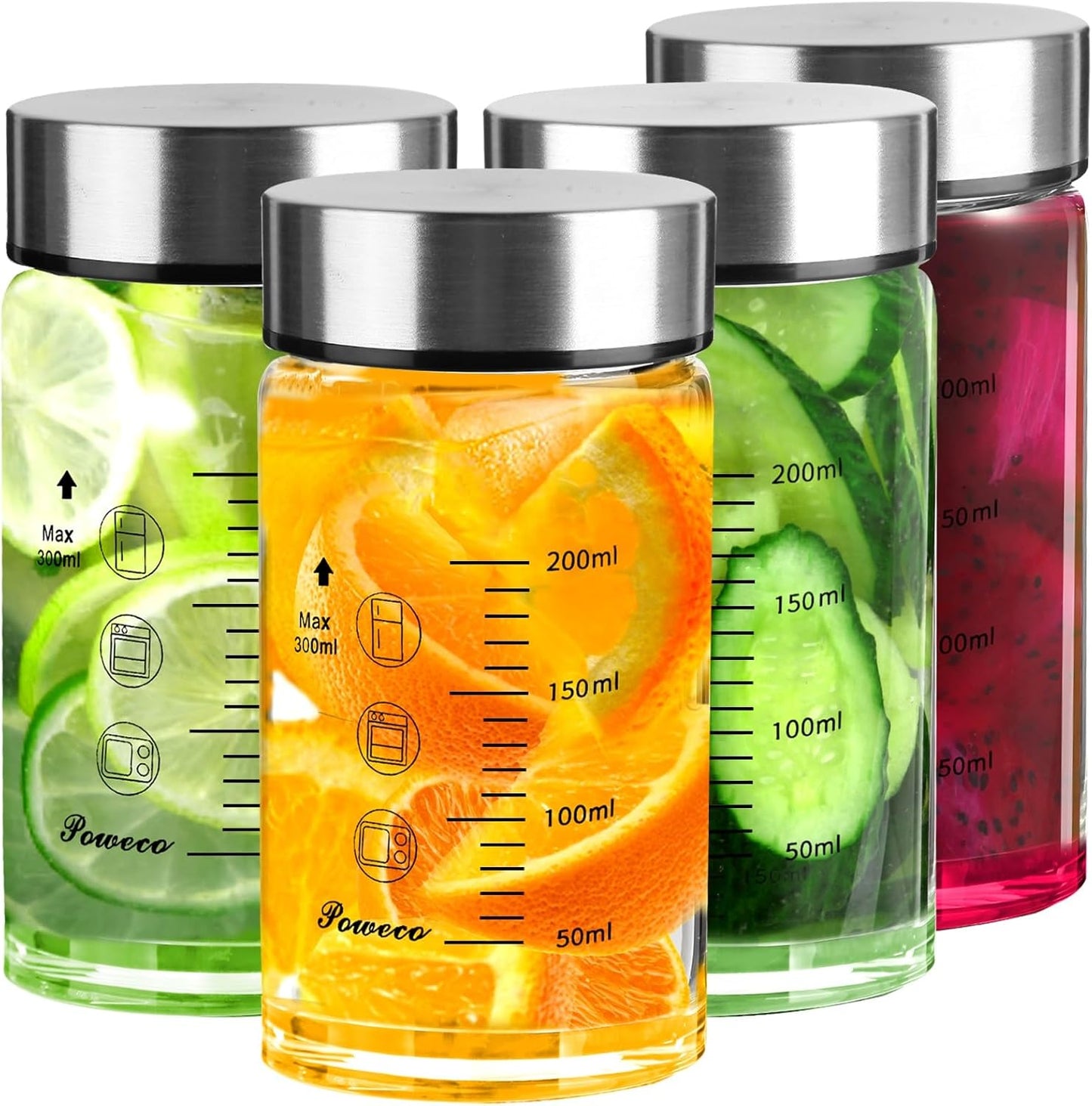 Glass Juice Bottles 4 Pack 10 oz - Wide Mouth Glass Water Bottles with Lids - for Juicing, Protein, 