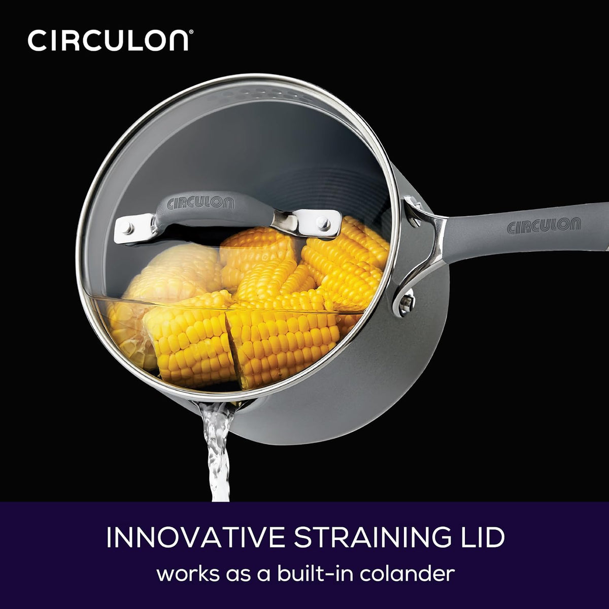 Circulon Radiance Hard-Anodized Nonstick Straining Saucepan, 3-Quart, Gray
