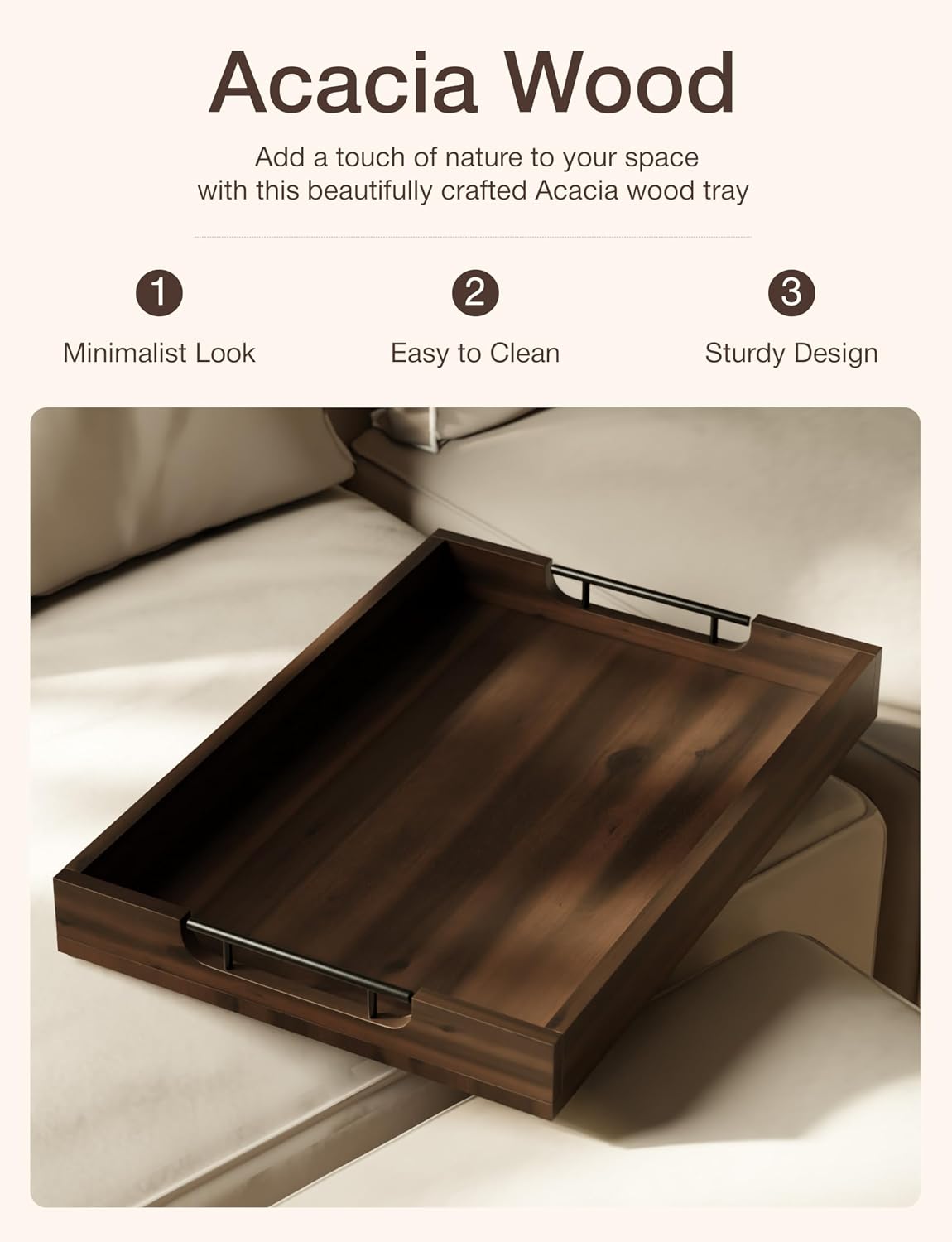 TIDITA 20"x14" Wooden Large Serving Tray, Walnut Color, Metal Handles | Acacia Wooden Tray for Ottoman, Wooden Ottoman Tray for Living Room, Decorative Trays for Coffee Table, Non-slip Pads
