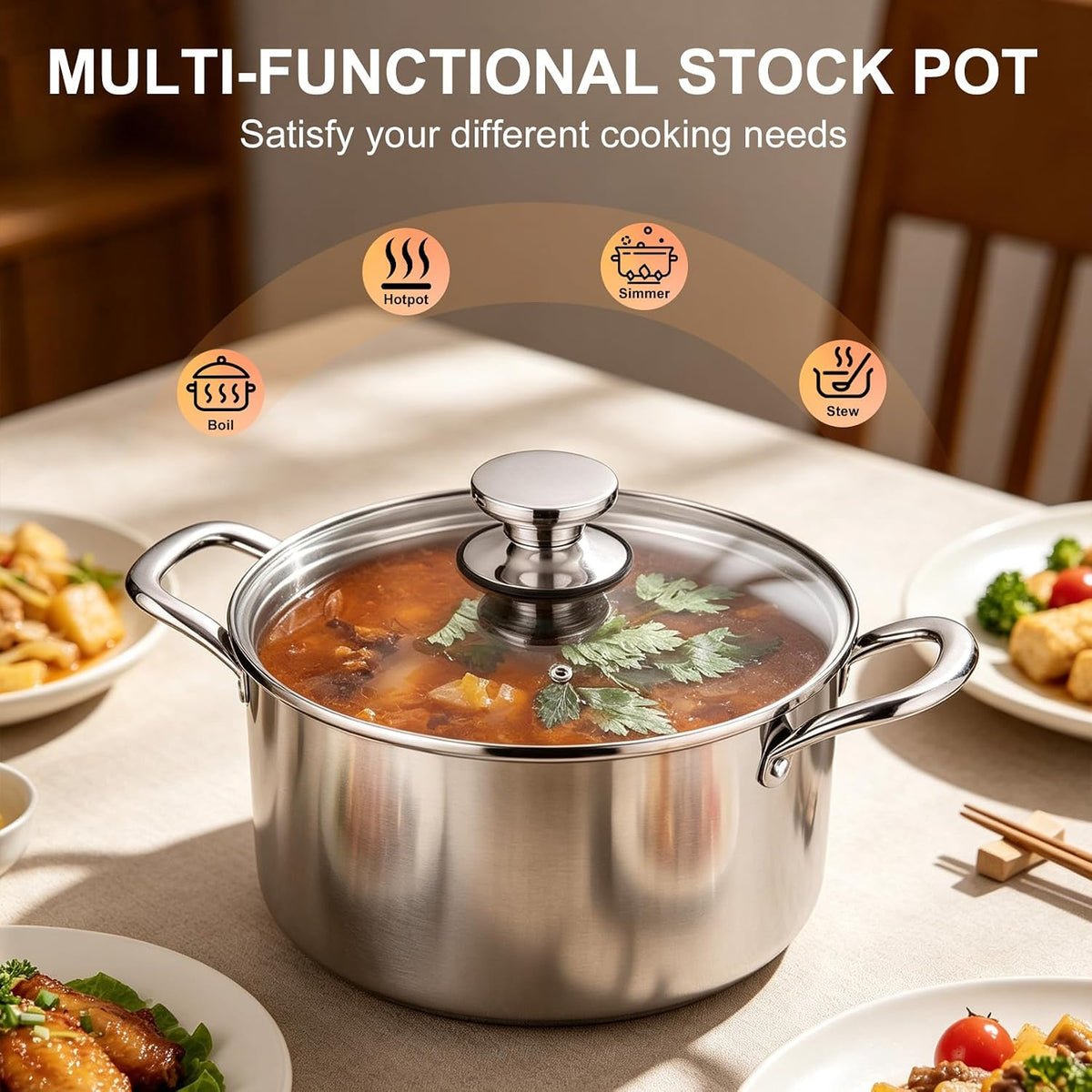 P&P CHEF 4 Quart Tri-Ply Stainless Steel Stock Pot, 4 Qt Stockpot Pasta Cooking Pot with Visible Lid for Soup Vegetable, Induction Cookware for All Stoves, Sturdy & Double Handle, Dishwasher Safe