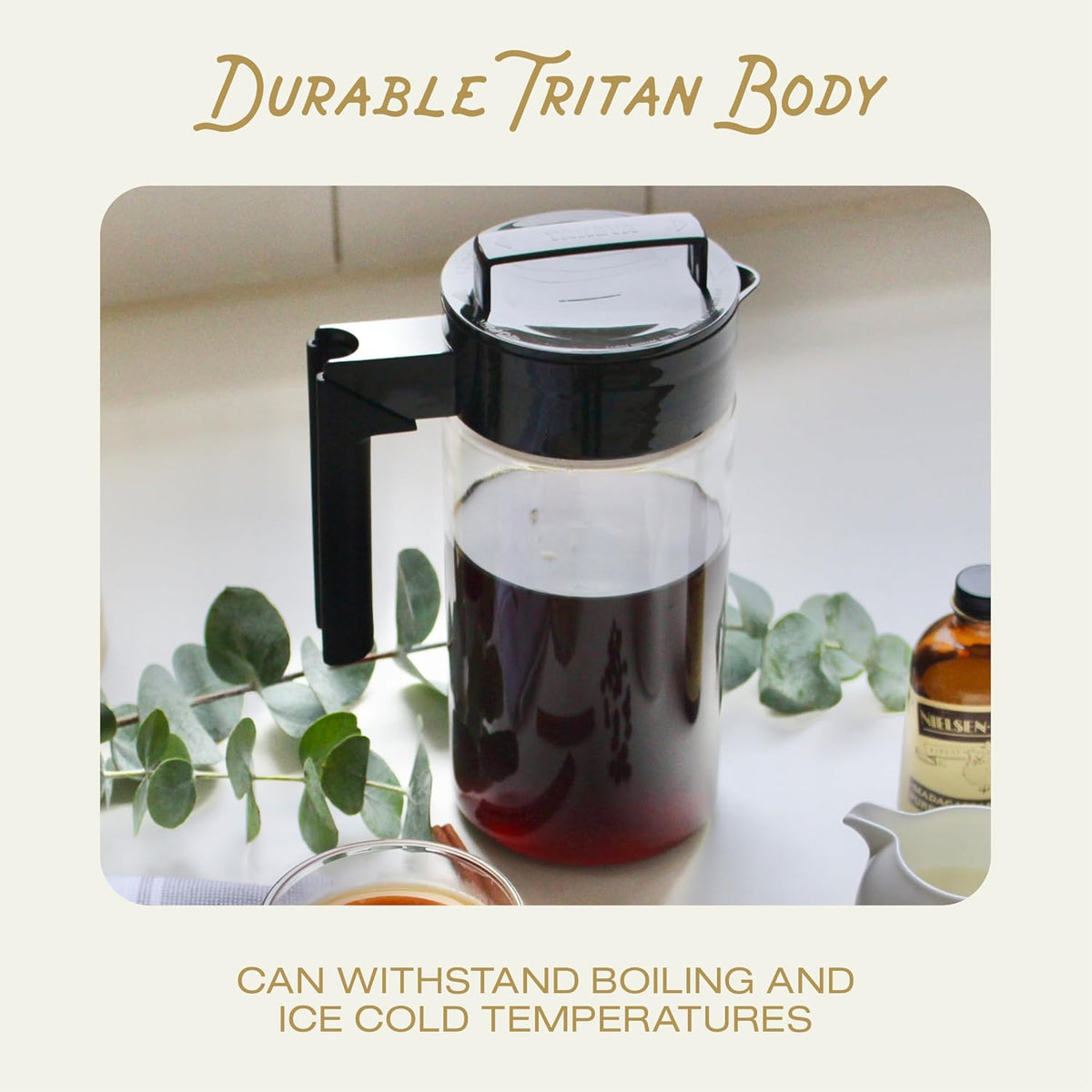 Takeya Deluxe Cold Brew Coffee Maker - BPA-Free Tritan Pitcher with Airtight Leakproof Lid, Silicone Grip Handle, Fine-Mesh Filter - Shatter-Proof, Dishwasher Safe, Made in USA - 1 Quart/Black