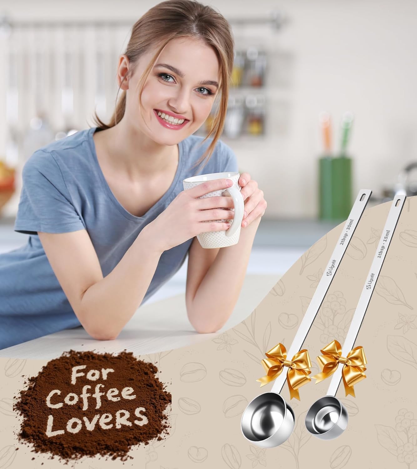 Coffee Scoop 1 Tablespoon with Extended Handle, Permanent Engraved 304 Stainless Steel Measuring Scoop for Ground Coffee, Spices (2pcs)