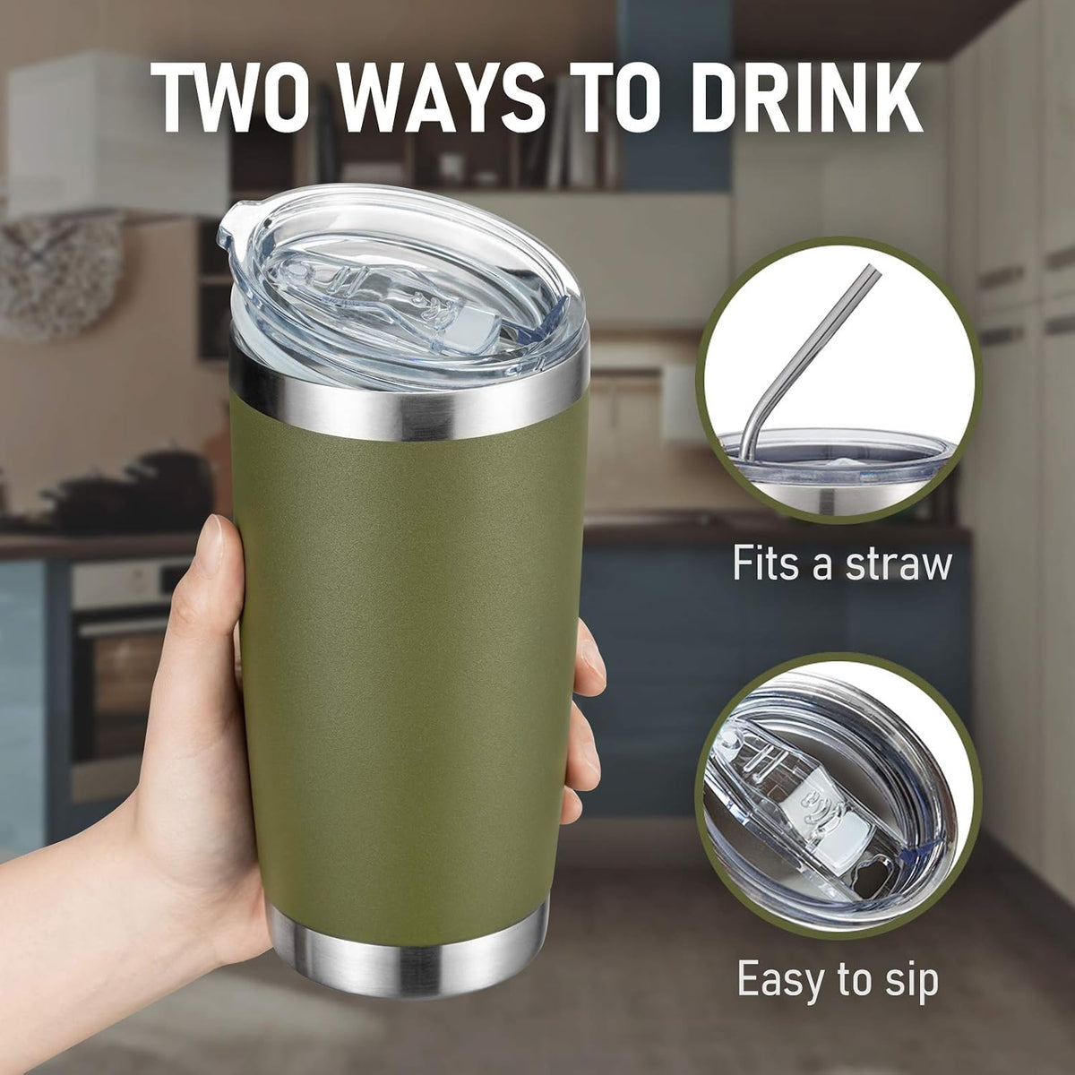 COMOOO 20oz Tumbler Bulk Double Wall Vacuum Insulated Travel Mug, Stainless Steel Tumbler with Lid and Straw Durable Powder Coated Insulated Coffee Cup for Cold &amp; Hot Drinks (Army Green, 4 Pack