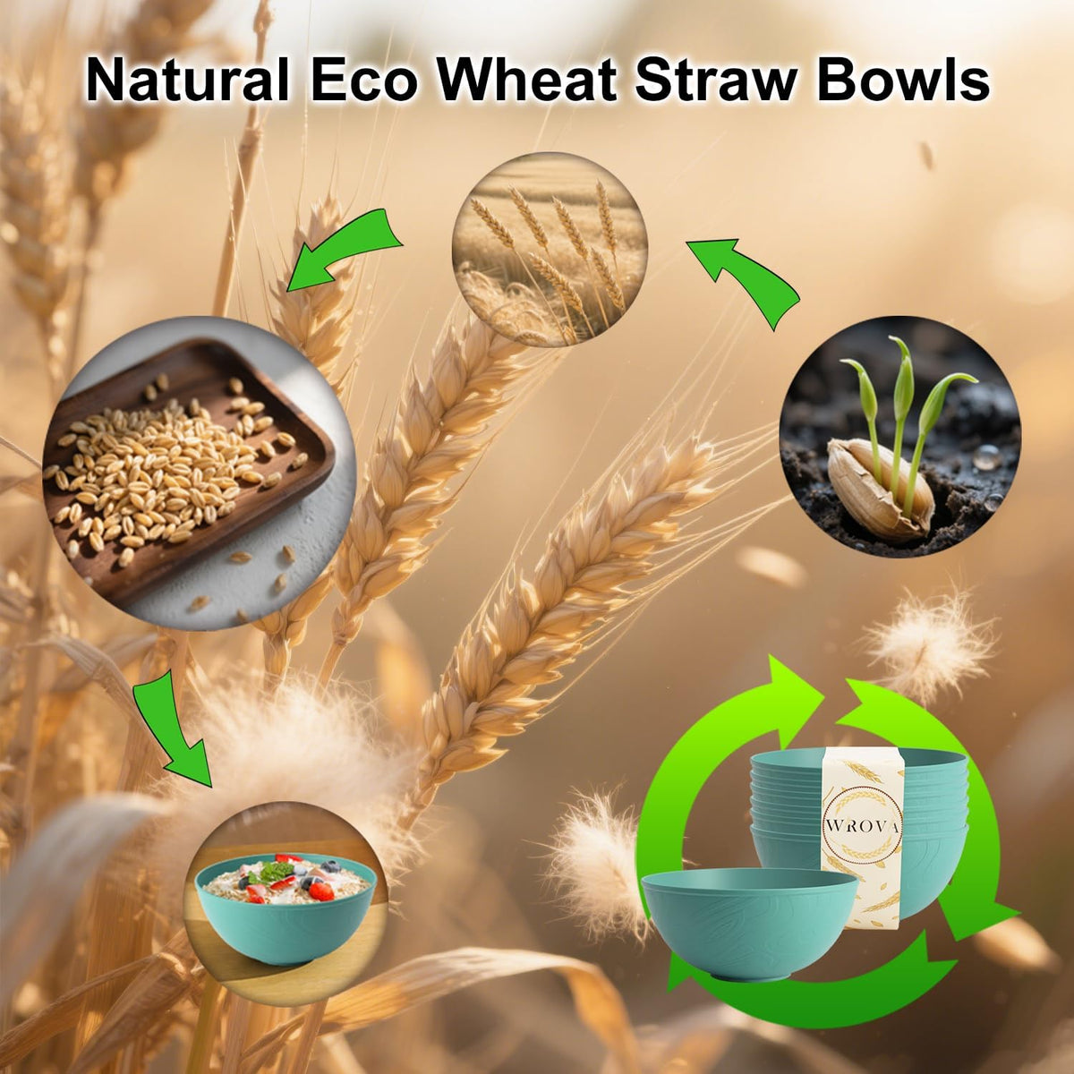 Wrova Wheat Straw Bowls for Kitchen, Anti-Scald Thick Soup Bowls 40oz, 6PCS | Green Plastic Bowls Dishwasher Safe, Microwave Safe Bowls, Plastic Cereal Bowls Reusable, Unbreakable Bowls Easy to Clean