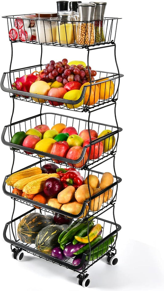 Fruit Vegetable Storage Basket, 5 Tier Stackable Metal Wire Storage Baskets with Wheels, Fruit Vegetable Produce Basket
