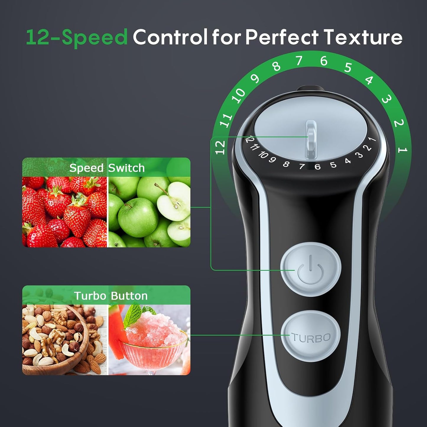 Immersion Blender Handheld, 4-In-1 Hand Blender with 12-Speeds &amp; Turbo Mode | 500W Emulsion Blender, Egg Whisk, 24oz Beaker &amp; Chopper Bowl, Stick Mixer for Baby Food, Smoothies, Soups &amp; Sauces