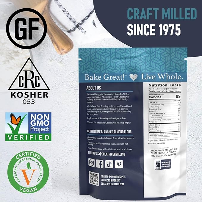 Great River Milling Blanched Almond Flour | Finely Ground Gluten Free Baking Alternative | Made from Whole Blanched Almonds | Non-GMO, Glyphosate Free, Kosher, Vegan Certified | 4 Lb