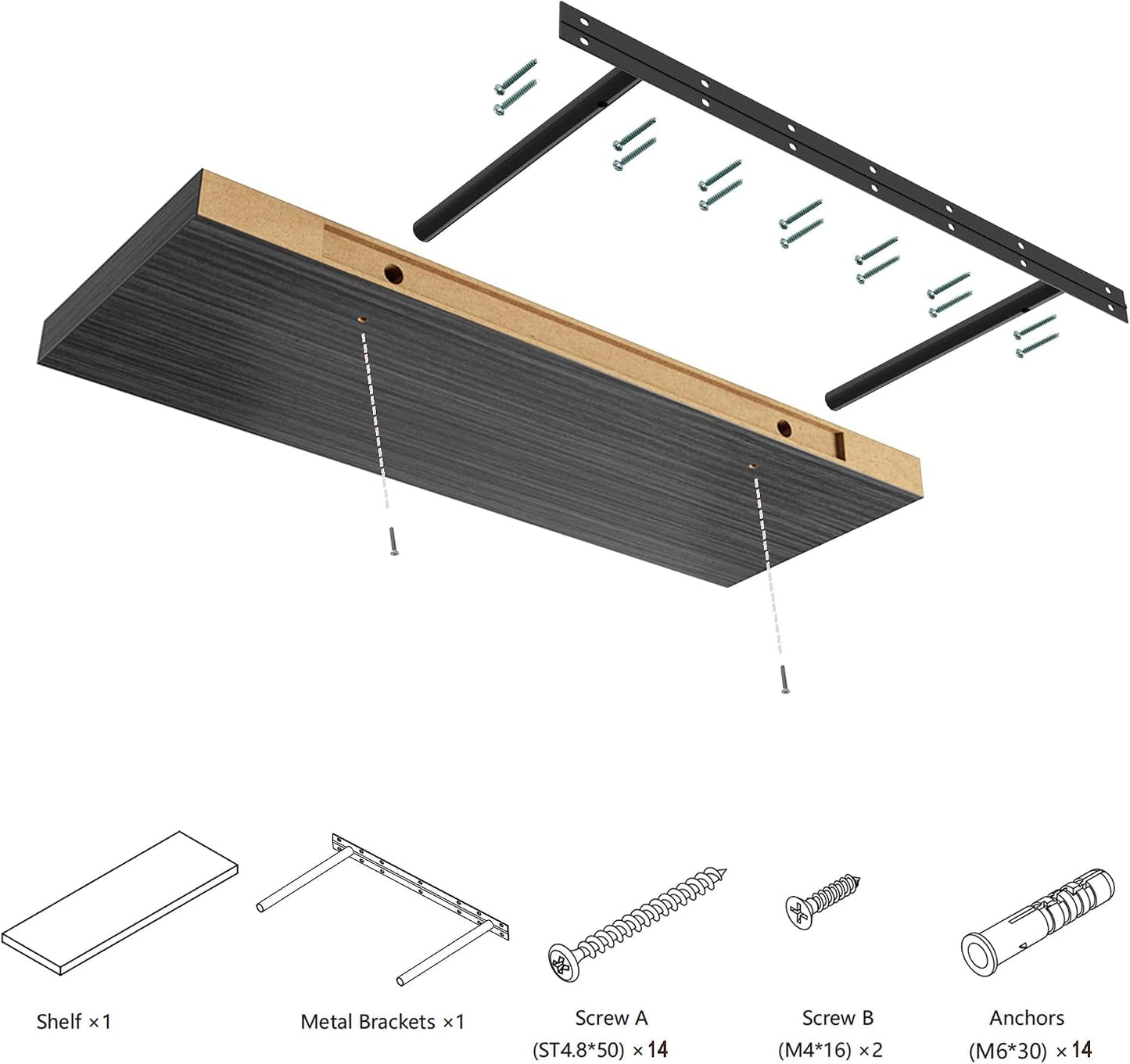 Floating Shelf, Set of 1 Wall Shelf, 36 in W x 12.75 in D x 2 in H Wooden Floating Wall Shelf with Invisible Brackets for Living Room/Bedroom/Bathroom/Kitchen Storage and Decor, Black Wood