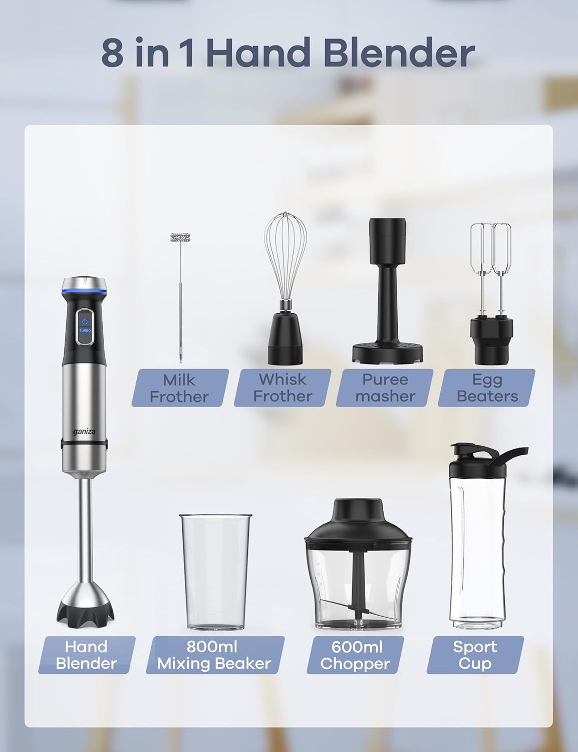 Ganiza Immersion Blender Handheld Corded 8 in 1 Hand Blender Max 1000W