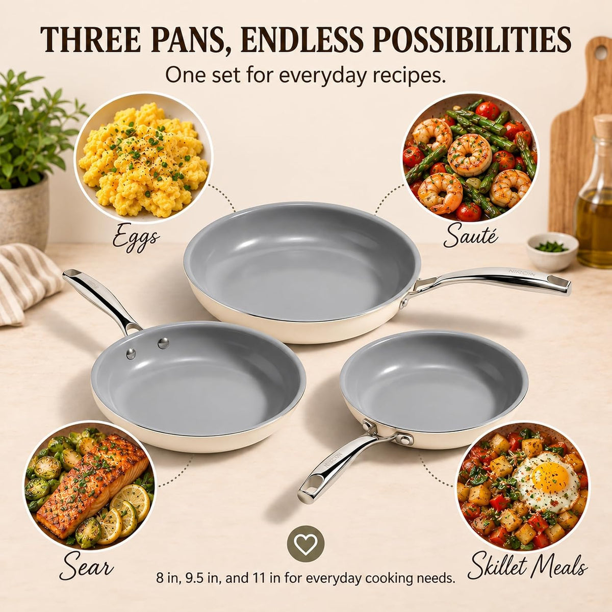 Kikcoin Ceramic Nonstick Frying Pan Skillets - 3 Sizes Omelette Pans for Healthly Cooking, 8+9.5+11 Inch Egg Pan with Stay Cool Handle, Free of PFAS PFOA PTEE, Oven/Dishwasher Safe for Busy Kitchen