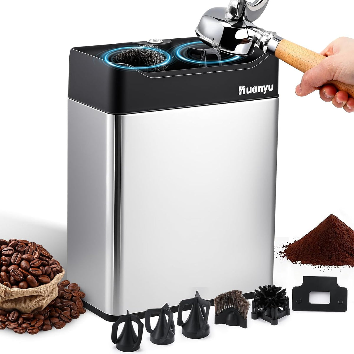 Huanyu 6L Automatic Portafilter Cleaner, 3-Way Installation, for 51&amp;58mm | 6l capacity for 50+ cycles, dual brush heads, 3 size scrapers fits 51&amp;58mm portafilters, stainless steel, for mid-volume cafe