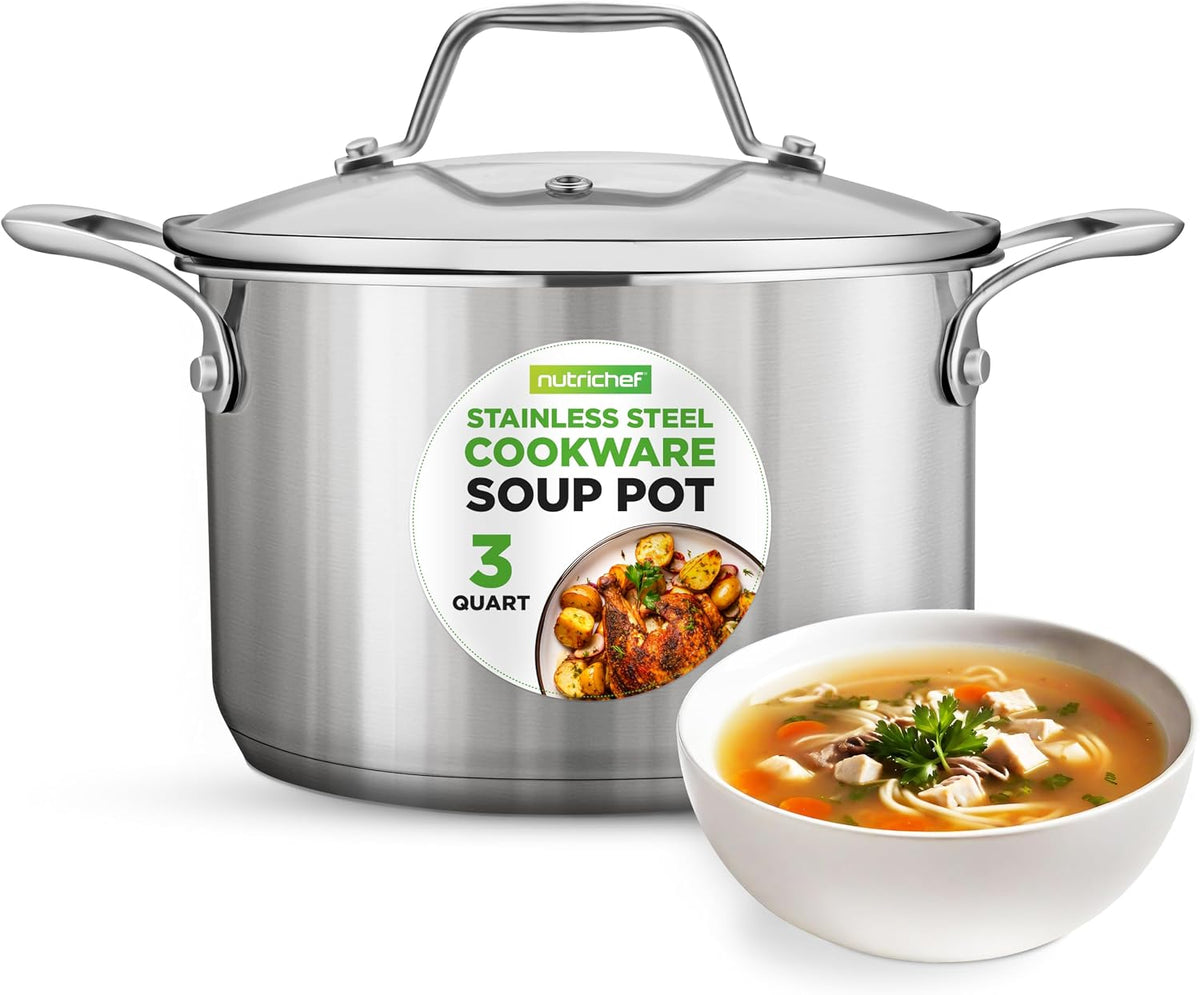 NutriChef 3-Quart Stainless Steel Pot with Glass Lid - 18/8 Food Grade Heavy Duty Cookware Stockpot for Stews, Simmering & Soups, Dishwasher Safe, For Induction, Gas & Ceramic Cooktops - NCSP3