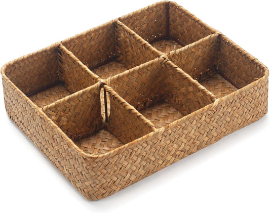 Tea Bag/Sugar Packet Holder, Coffee Station Condiment Organizer, Seagrass Storage Basket, Wicker Rattan Divided Basket