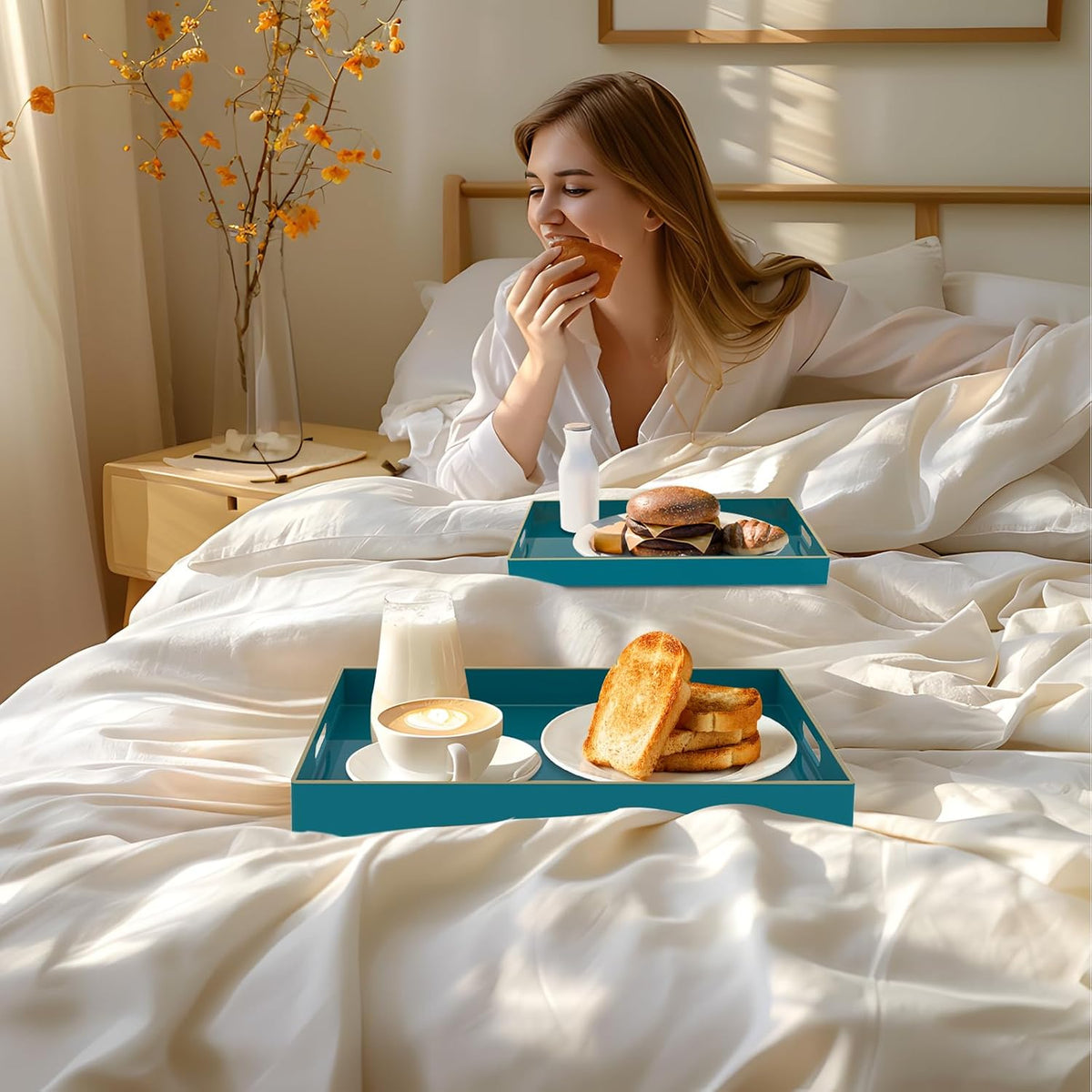 MAONAME Green Serving Tray with Handles, Plastic Decorative Tray Set of 2 | Decorative Tray for Coffee Table, Modern Ottoman Tray, Rectangle Melamine Tray for Living Room, 15.8"L x 10.2"W x 1.4"H