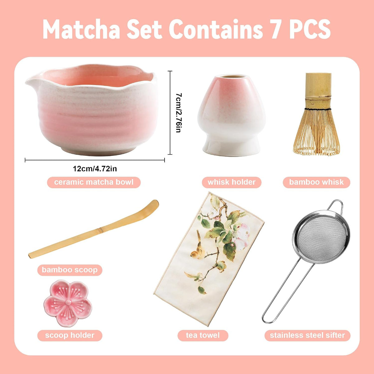 Matcha Whisk Set Ceramic Matcha Set Includes Bowl,Spout Bamboo Chasen Whisk with Ceramic Holder, Matcha Scoop and Stainless Sifter, Matcha Kit Valentine's Day Gifts for Women(7Pcs,Pink)