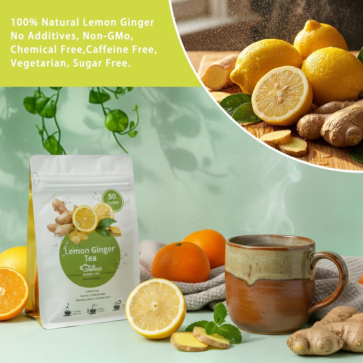 Samcci Lemon Ginger Tea Bags, 50 Counts, Non-GMO, Caffeine-Free | te de Jengibrey Limon, Pleasantly Spicy &amp; Warming, Support Digestion &amp; Boost Immunity, No Additives, Resealable Pouch
