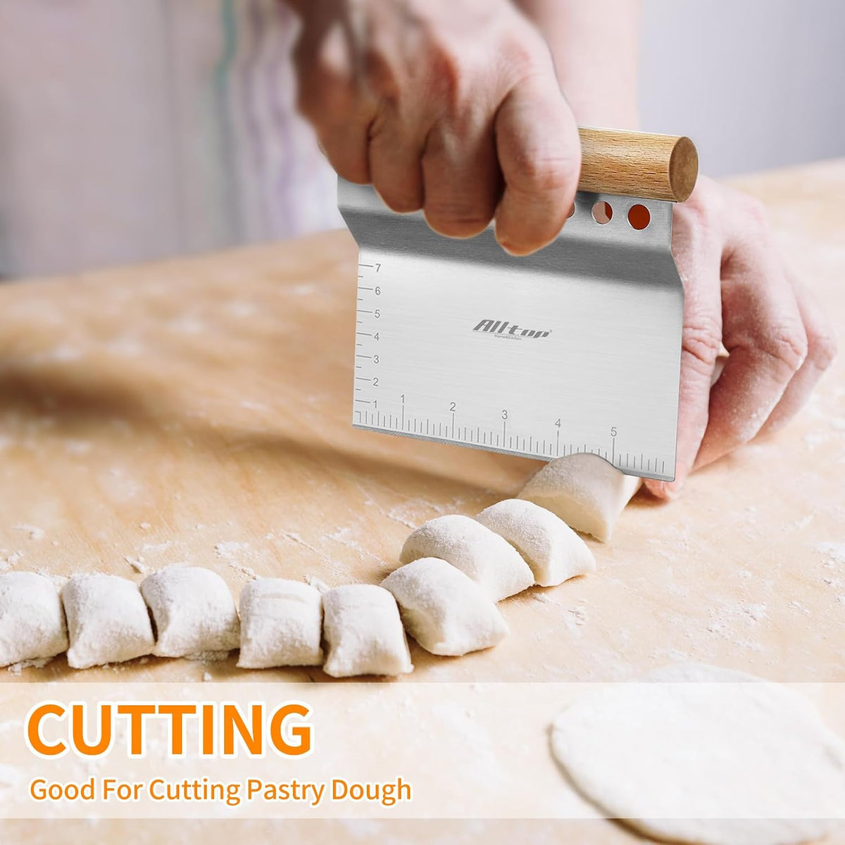 ALLTOP Dough Bench Scraper/Cutter/Chopper, 1 Pack | Stainless Steel Blade, Herb Stripper, Scale Ruler, Leaf Remover