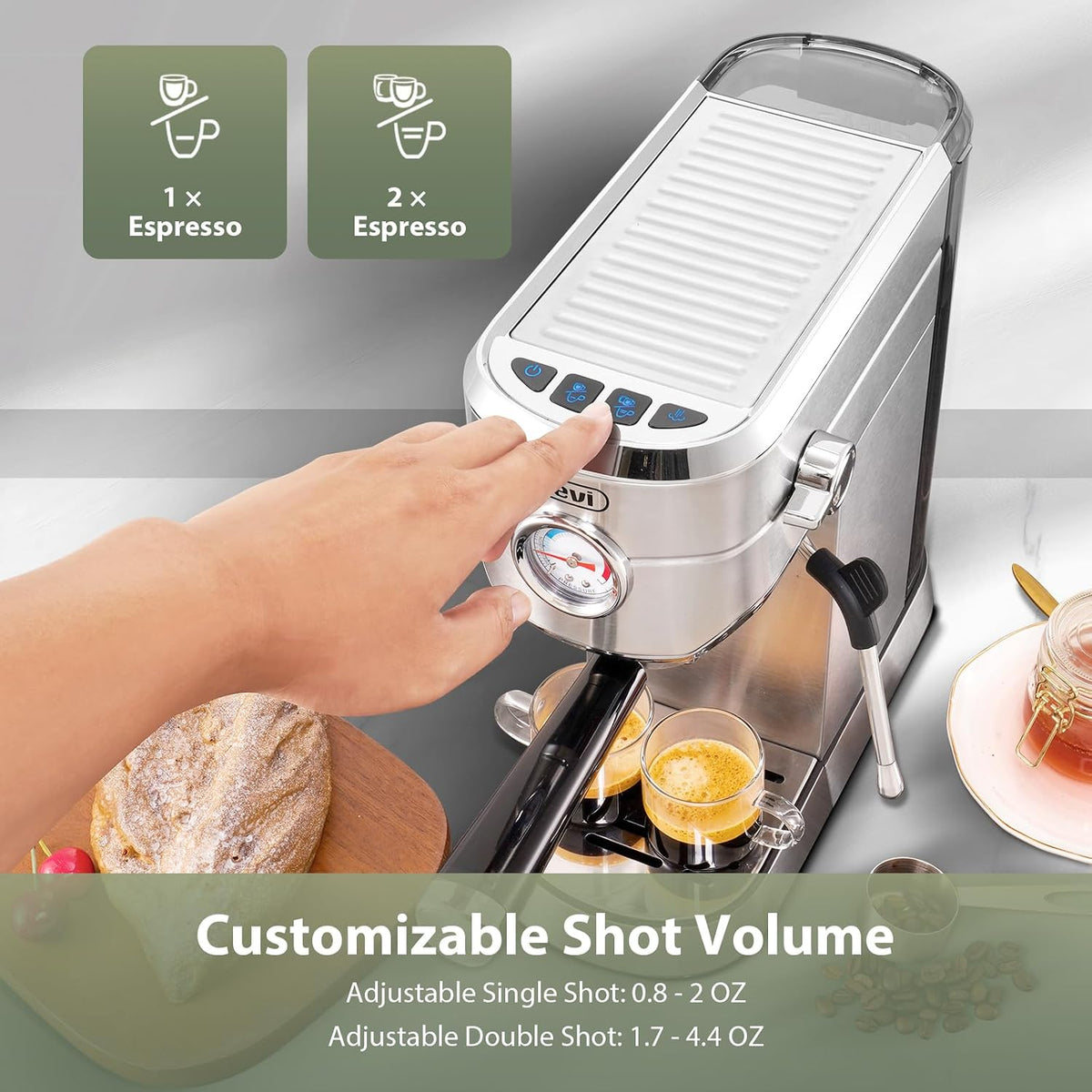 Gevi 20 Bar Compact Espresso Machine for Home,Latte、Cappuccino Coffee Maker | BPA-free;34oz Water Tank;Built-in Pressure Gauge;with Compatible Accessories;Can Make Americano;Easy to Clean;with Steam Wand