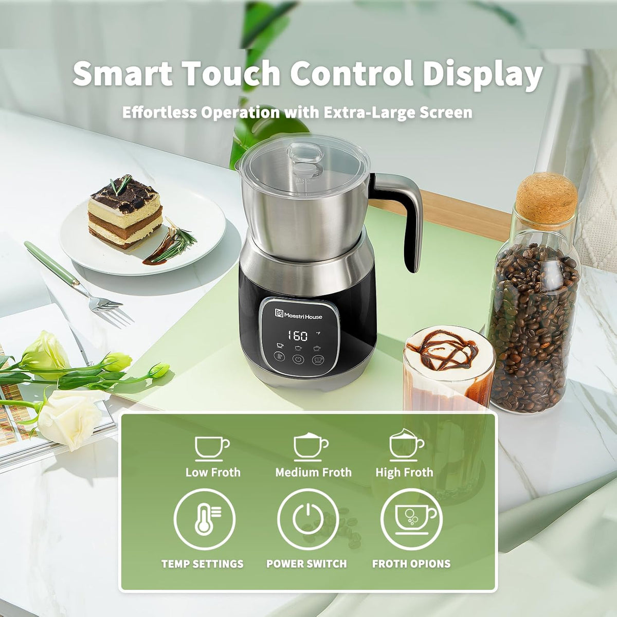 Maestri House DualFro 600 Milk Frother and Steamer 21oz/600mL | Variable Temp 4 Settings &amp; 3 Froth Levels, Memory Function for Latte Cappuccino Hot Chocolate, Dishwasher Safe,Brush Included