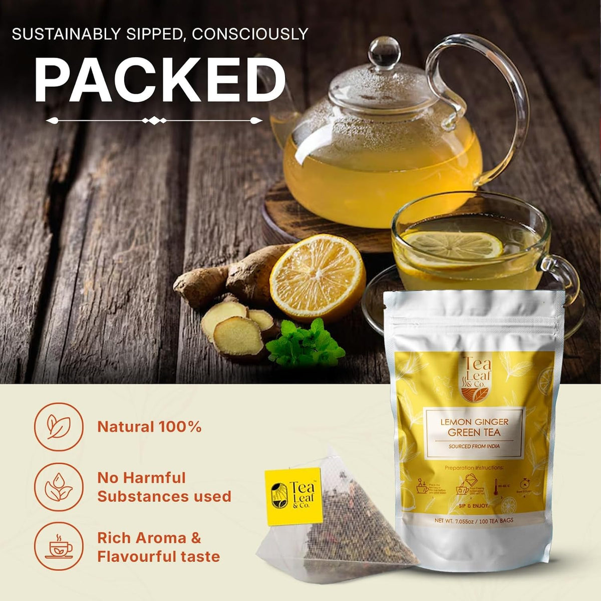 Lemon Ginger Green Tea (200gm/7oz), Natural Herbal Infusion, 100 Tea Bags