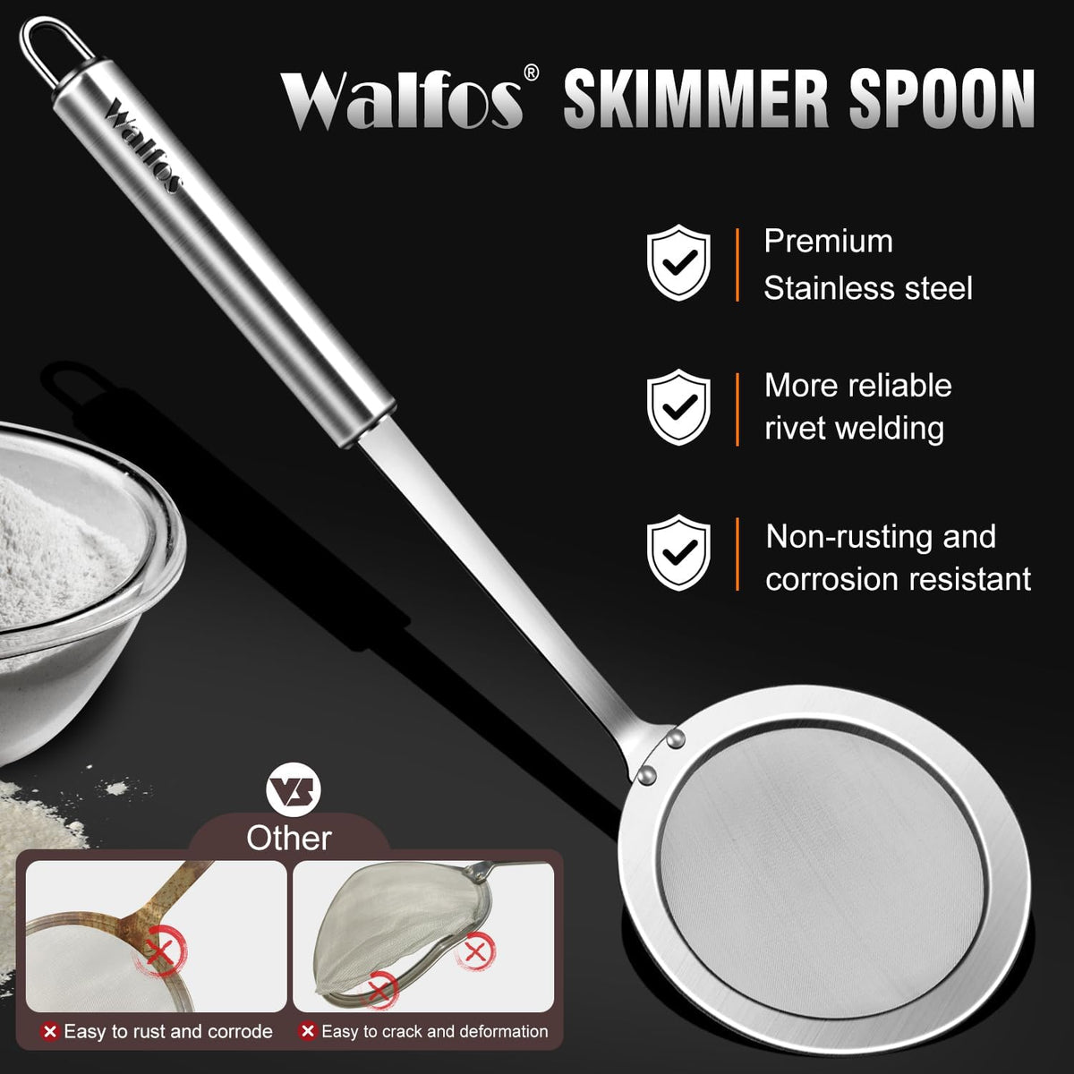Walfos Skimmer Spoon, Stainless Steel Fine Mesh Strainer,Foam Strainer Oil Filter,Ultra Fine Mesh Strainer Perfect For Separation Of The Floating Foam,Fat,Set fo 2