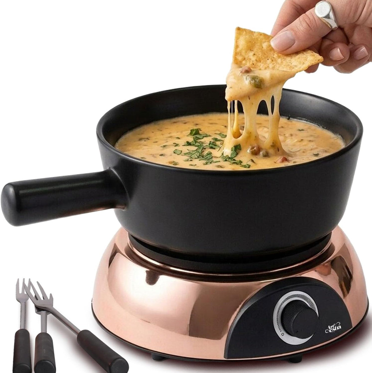 Artestia Swiss Design 2-QT Electric Fondue Pot for Meat, 1500W Ceramic Chocolate Melting Pot with Adjustable Temperature, 6 Fondue Forks, White Ceramic Pot with Rose-Gold Base (Black)